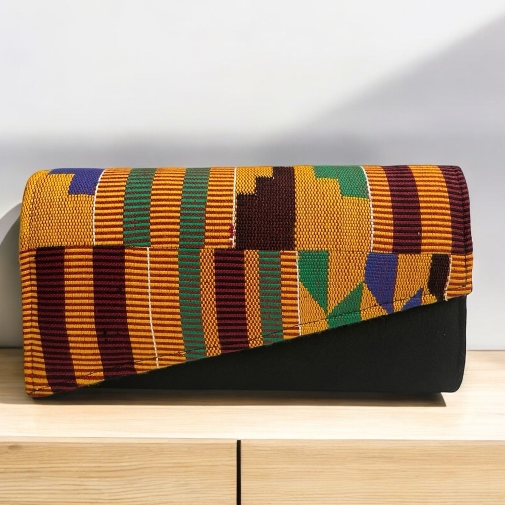 African Kente Pattern Black & Gold Clutch Purse Bag